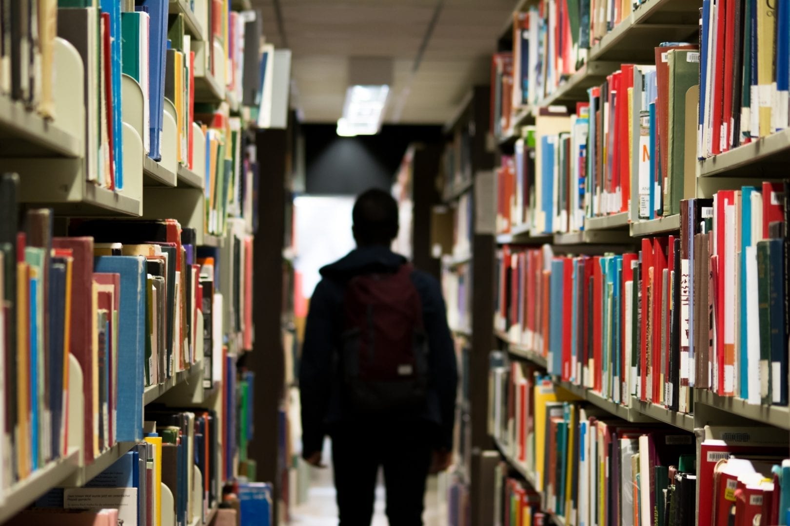 Young boy in school library