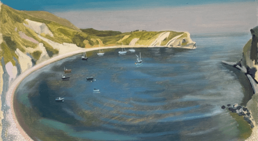 Painting of Lulworth Cove, showing a curved sandy beach, leading out to the sea and green cliffs surrounding