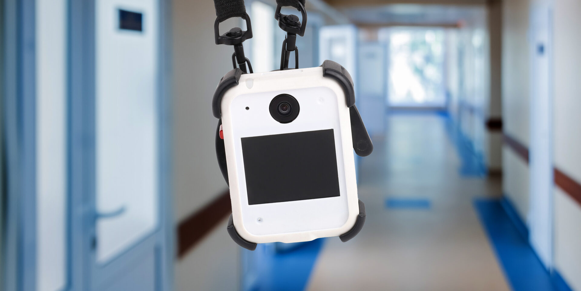 A body worn camera, shown in front of a hospital corridor