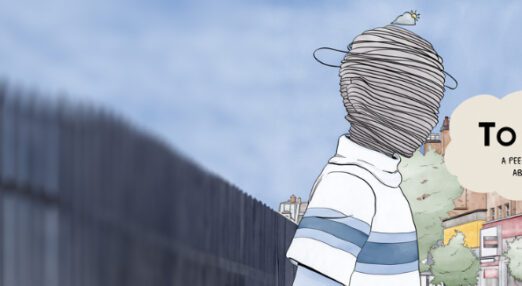 A drawn graphic of a person outdoors, in front of a long metal fence and shops. The person has what appears to be sting or fabric wrapped around their head. Above them is a small cloud with sun showing from behind it. There is text which reads "To Bloom - A peer-designed comic about self-harm"