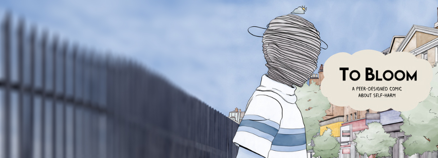 A drawn graphic of a person outdoors, in front of a long metal fence and shops. The person has what appears to be sting or fabric wrapped around their head. Above them is a small cloud with sun showing from behind it. There is text which reads "To Bloom - A peer-designed comic about self-harm"