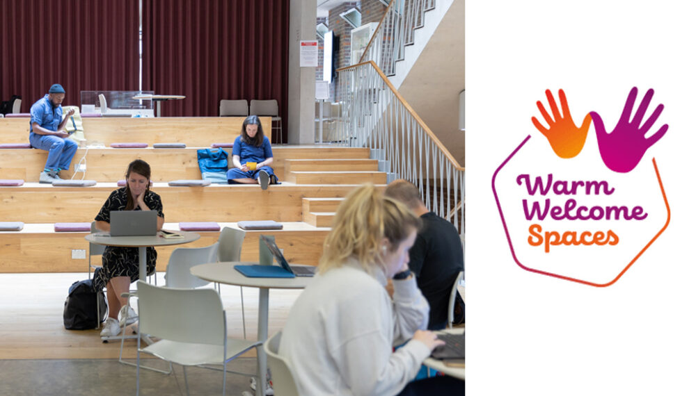 Warm welcome spaces logo - Beside the logo is a photo of the interior of Ortus, showing tables and chairs and tiered seating on cushions. People can be seen sitting and working in the space.
