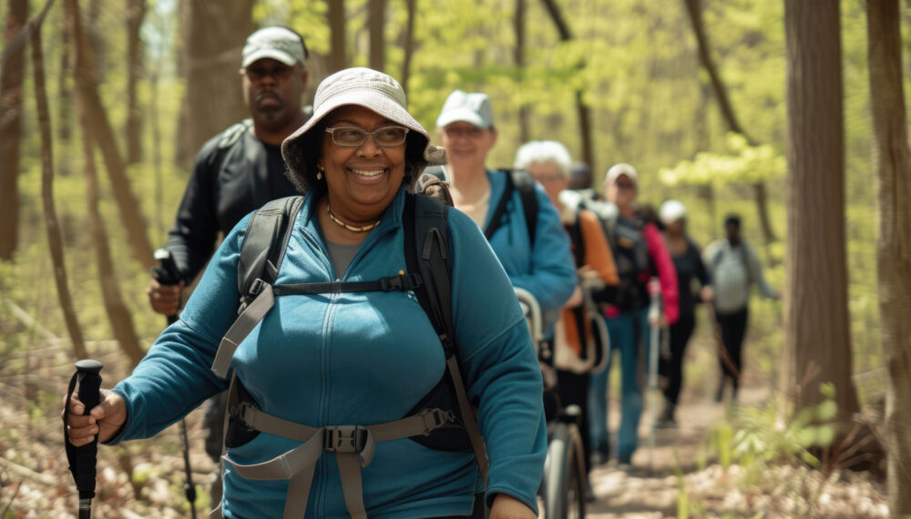 A line of people walking as a group through a tree-lined path