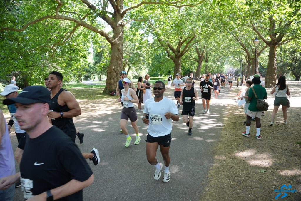 Runners during a race through a park path within tall trees